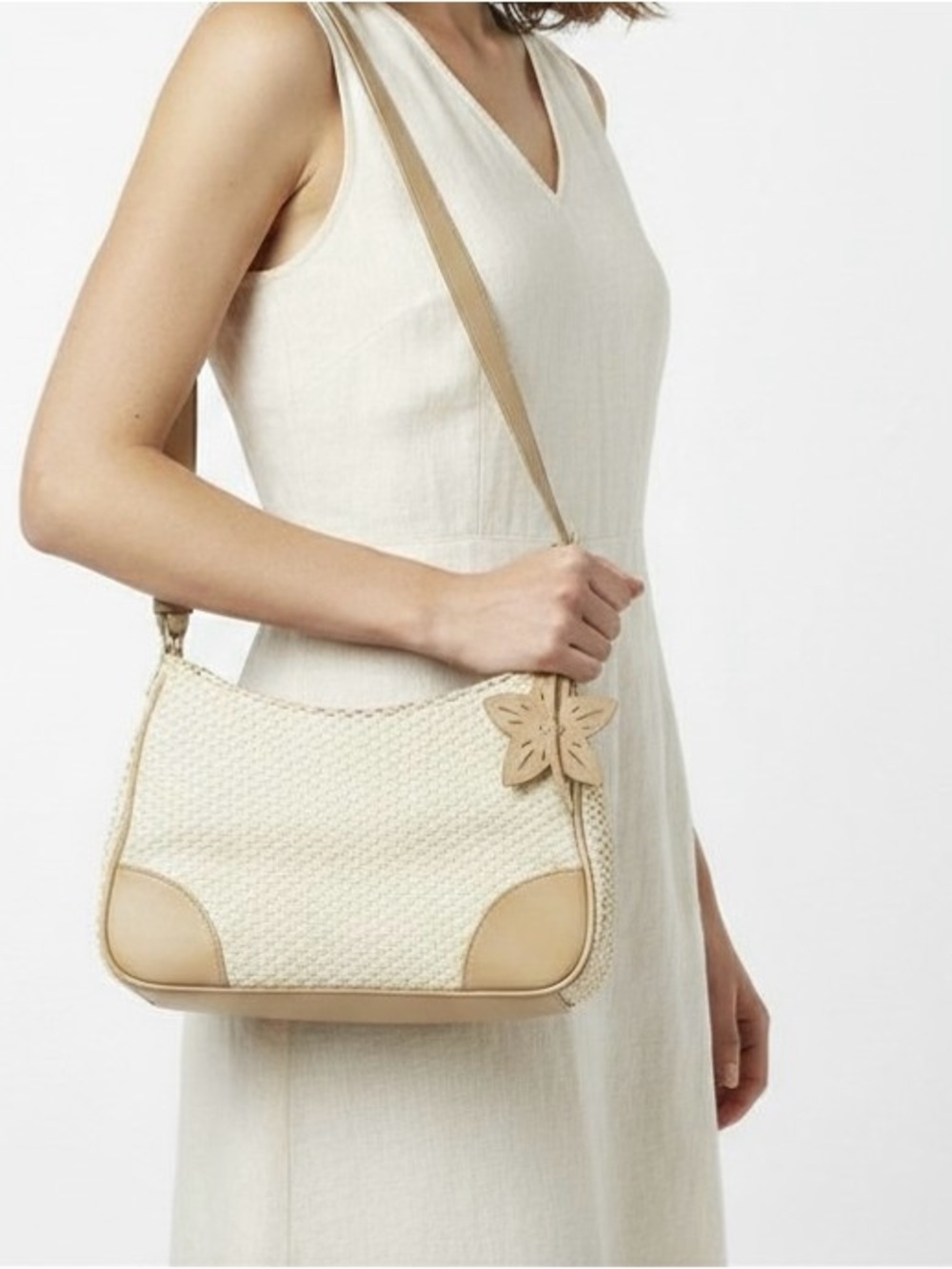 Liz Claiborne Bag Purse Pocketbook Cream Tan Straw Design Leather Trim Neutral